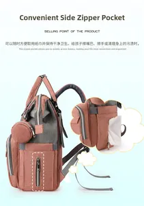 Detail of mommy backpack side tissue pocket with zipper and round hanging pouch