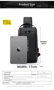 Waterproof crossbody bag size guide showing 9.7-inch iPad compatibility and dimensions
