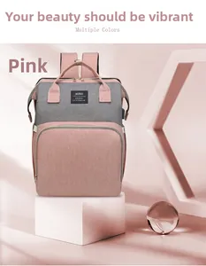 Mochila de pañales de gran capacidad rosa y gris con asas superiores y bolsillo frontal