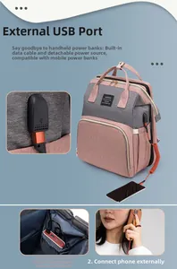Detail showing the external USB charging port and built-in cable for the diaper backpack