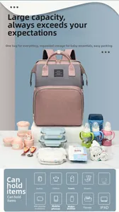 Large capacity diaper bag backpack showing various baby essentials neatly arranged around it