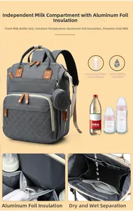Detail of grey maternity backpack showing insulated milk storage and waterproof fabric