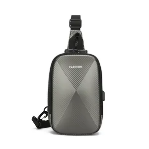 Men's grey anti-theft sling bag with carbon fiber texture and USB charging port