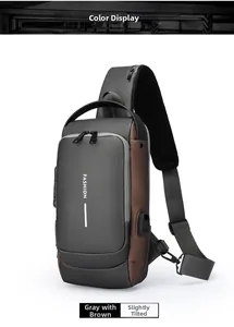 Detail of waterproof grey and brown chest bag with external USB charging port