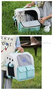 Detail of mint green pet carrier showing reinforced handle and breathable mesh fabric
