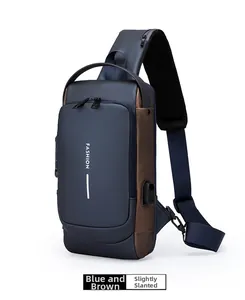Detail view of the waterproof crossbody bag with USB port and FASHION lettering
