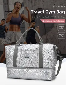 Detail of silver quilted travel bag featuring a bottom shoe compartment for wet dry separation