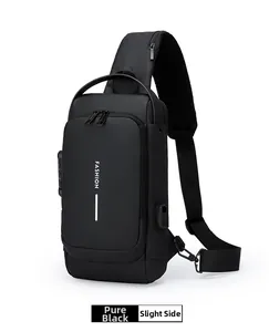 Detailed view of black anti-theft chest bag featuring USB port and breathable mesh strap