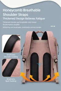 Detail of breathable honeycomb mesh shoulder straps and ergonomic back pads on diaper bag
