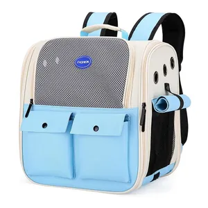 Close-up of pet carrier featuring breathable mesh, storage pockets and side ventilation