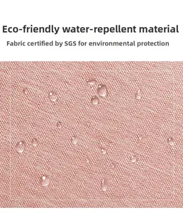 Primer plano de tela rosa impermeable con gotas de agua y certificación ecológica SGS