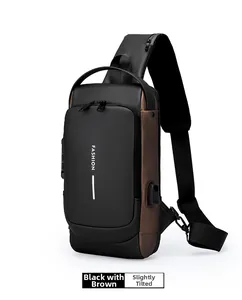 Side view detail of men's waterproof crossbody bag with USB port and FASHION logo