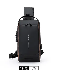 Detail view of anti-theft chest bag featuring a 3-digit combination lock and USB port