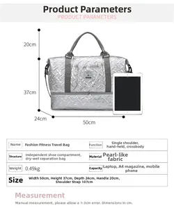 Detailed travel bag size chart and product parameters with iPad for scale reference