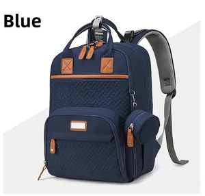 Blue multipurpose diaper backpack with padded honeycomb mesh straps and a mini round pouch