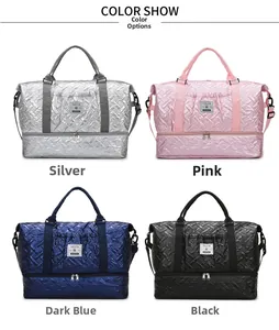 Travel bags in silver, pink, blue and black with independent bottom shoe compartment