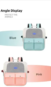 Detail view of pink and blue breathable pet backpacks with large mesh windows and pockets
