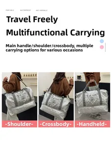 Detail view of silver travel bag with quilted texture and separate shoe compartment