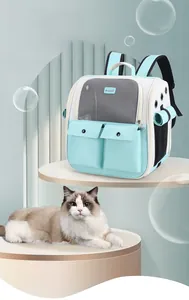 Detail of light blue pet backpack with large mesh windows and front utility pockets