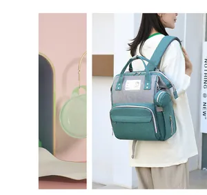 Detail of color-block diaper backpack featuring multi-pockets and a detachable coin purse
