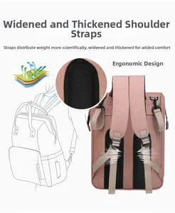 Detalle de correas ergonómicas de malla transpirable en mochila para pañales rosa