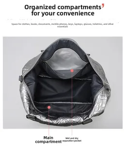 Top view of travel bag interior with dry-wet separation pocket and large storage space
