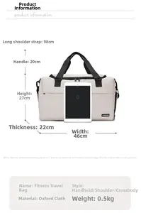 Detailed size specifications for Oxford cloth travel bag showing 46cm width and dimensions