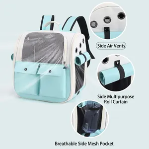 Light blue breathable pet backpack with large window and side ventilation holes
