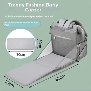 Detail of baby diaper backpack showing the 62x28cm foldable changing pad and mesh wings
