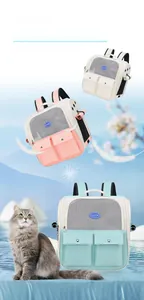 Three-color breathable pet carrier backpack with nylon mesh windows and storage pockets