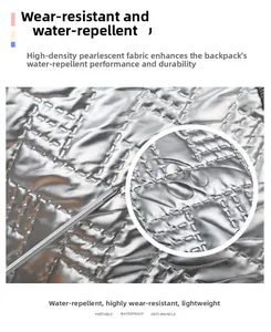 Close-up of waterproof high-density pearlescent silver fabric with quilted rhombus texture