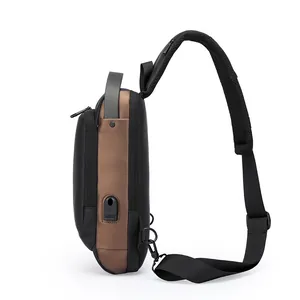 Men's anti-theft sling bag with USB port and brown-black patchwork design for outdoor use