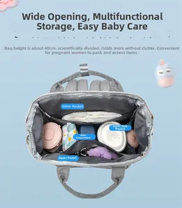 Top view of large gray diaper backpack showing 40cm height and organized interior pockets