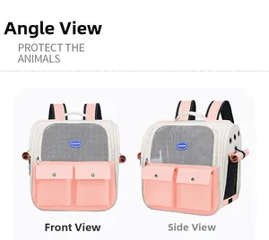 Detail view of pink and beige breathable pet carrier backpack with mesh windows and side vents