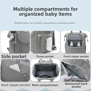 Detail view of large gray diaper backpack showing bottle side pockets and waterproof compartments