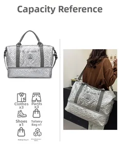 Quilted silver travel bag showing large storage capacity for clothes and shoes