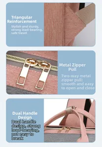 Detalle de bolsa de pañales rosa con costuras reforzadas y cremalleras doradas dobles