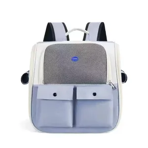 Detail of breathable mesh cat backpack with lilac and white contrast pockets and straps