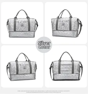 Multi-angle view of silver quilted gym bag with independent shoe compartment