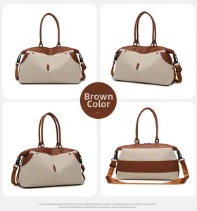 Detailed four-view display of a canvas travel bag featuring a trolley sleeve for luggage