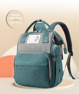 Detail view of large capacity diaper backpack in green and grey with hanging coin purse