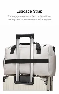 Detail of travel duffel bag with back strap attached to luggage trolley handle