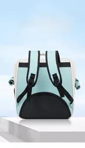 Detail of breathable honeycomb mesh padding and adjustable straps on green pet backpack