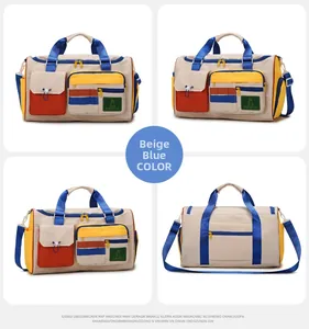 Detail view of large capacity color-block travel bag with multiple storage pockets