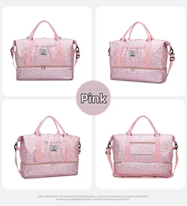 Pink quilted travel bag featuring a wet-dry compartment and a bottom shoe storage section