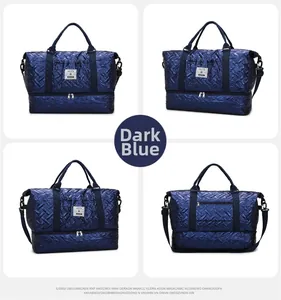 Detail view of dark blue quilted travel bag with shoe compartment and waterproof layer