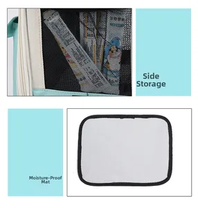 Detail of light green pet backpack showing mesh side pocket and moisture-proof mat