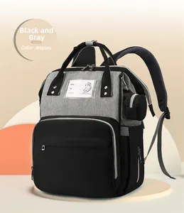 Detail of waterproof diaper bag with transparent name tag slot and padded mesh straps