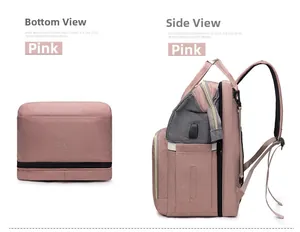 Pink and grey diaper bag detail featuring USB charging port and durable oxford fabric