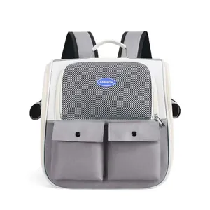 Detail of gray breathable pet carrier featuring mesh windows and front storage pockets